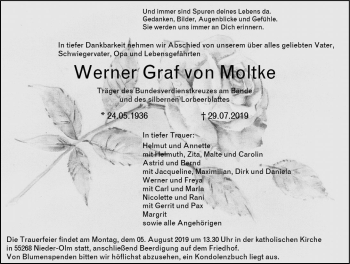 Traueranzeige von Werner Graf von Moltke von vrm-trauer