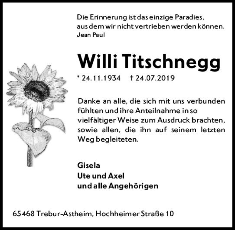  Traueranzeige für Willi Titschnegg vom 23.08.2019 aus vrm-trauer