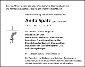 Traueranzeige von Anita Spatz von vrm-trauer