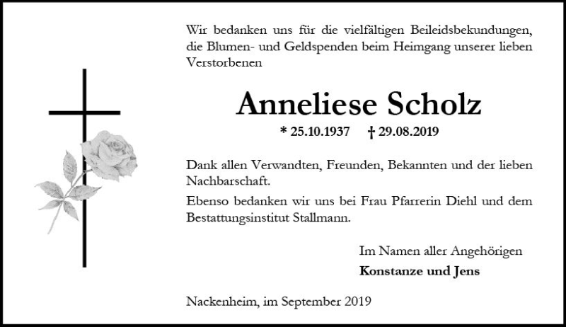  Traueranzeige für Anneliese Scholz vom 14.09.2019 aus vrm-trauer