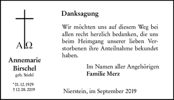 Traueranzeige von Annemarie Birschel von vrm-trauer
