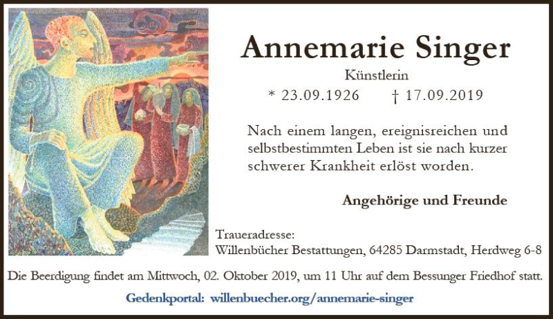  Traueranzeige für Annemarie Singer vom 28.09.2019 aus vrm-trauer