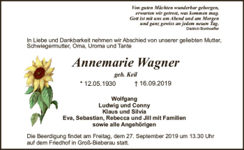 Traueranzeige von Annemarie Wagner von vrm-trauer