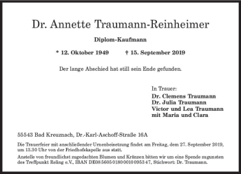 Traueranzeige von Annette Traumann-Reinheimer von vrm-trauer