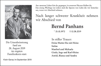 Traueranzeige von Bernd Panhans von vrm-trauer