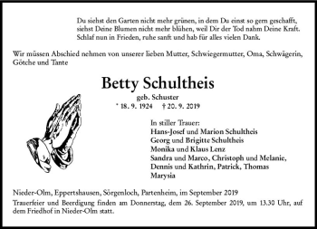 Traueranzeige von Betty Schultheis von vrm-trauer