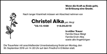Traueranzeige von Christel Alka von vrm-trauer