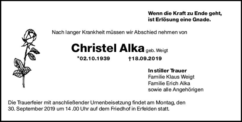  Traueranzeige für Christel Alka vom 28.09.2019 aus vrm-trauer