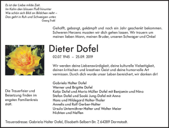 Traueranzeige von Dieter Dofel von vrm-trauer