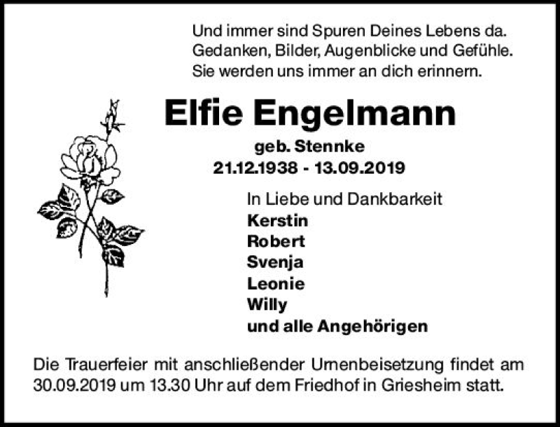  Traueranzeige für Elfie Engelmann vom 21.09.2019 aus vrm-trauer