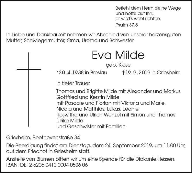  Traueranzeige für Eva Milde vom 21.09.2019 aus vrm-trauer