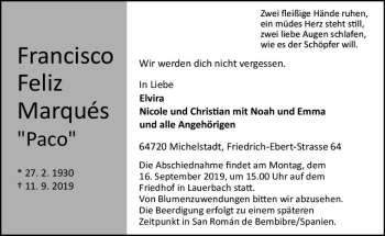 Traueranzeige von Francisco Feliz Marques von vrm-trauer