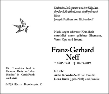 Traueranzeige von Franz-Gerhard Neff von vrm-trauer