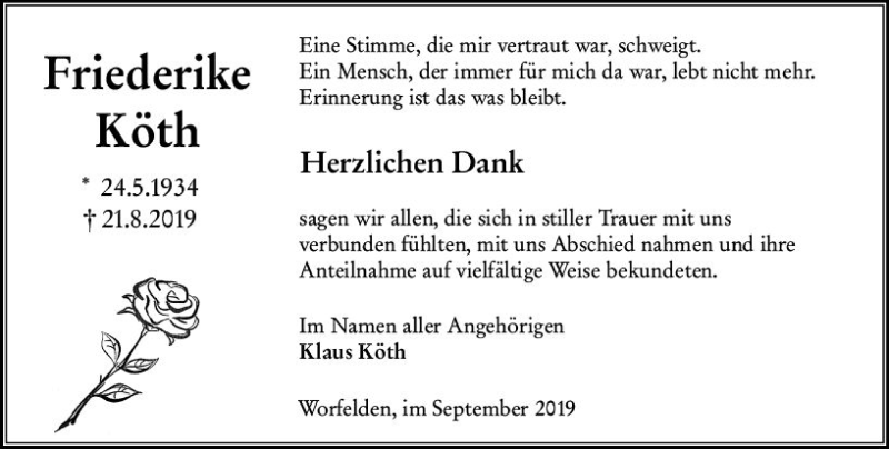  Traueranzeige für Friederike Köth vom 18.09.2019 aus vrm-trauer