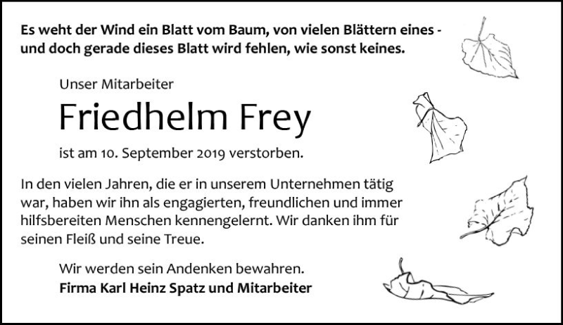  Traueranzeige für Friedhelm Frey vom 21.09.2019 aus vrm-trauer
