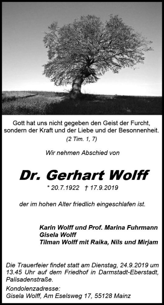  Traueranzeige für Gerhart Wolff vom 21.09.2019 aus vrm-trauer