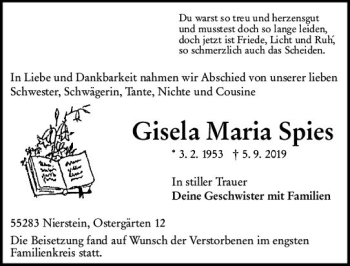 Traueranzeige von Gisela Maria Spies von vrm-trauer