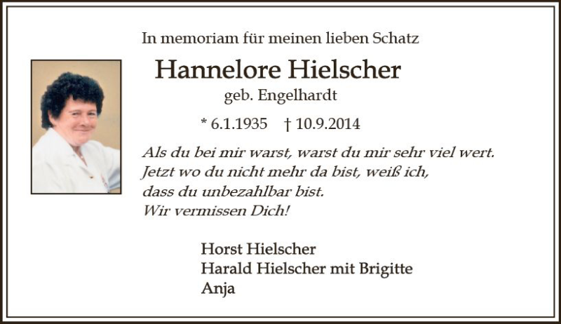  Traueranzeige für Hannelore Hielscher vom 10.09.2019 aus vrm-trauer