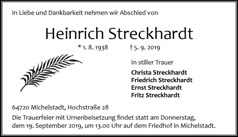  Traueranzeige für Heinrich Streckhardt vom 14.09.2019 aus vrm-trauer