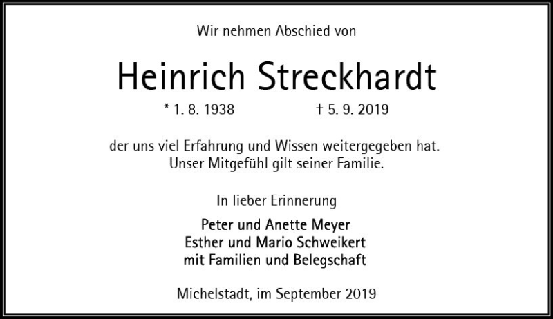  Traueranzeige für Heinrich Streckhardt vom 14.09.2019 aus vrm-trauer