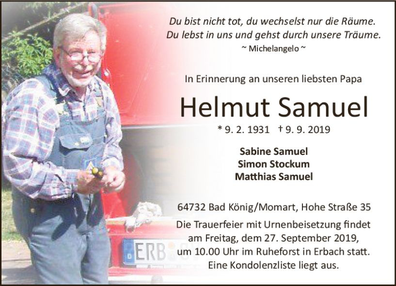  Traueranzeige für Helmut Samuel vom 21.09.2019 aus vrm-trauer