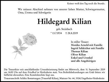 Traueranzeige von Hildegard Kilian von vrm-trauer