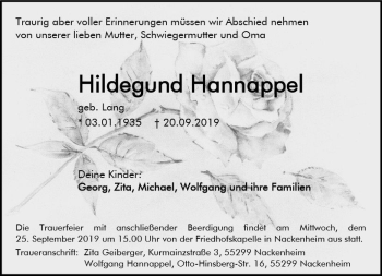 Traueranzeige von Hildegund Hannappel von vrm-trauer