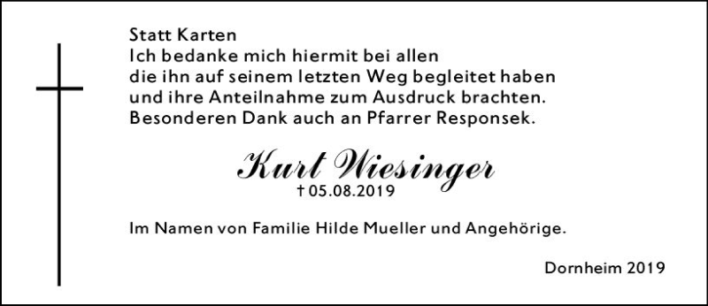  Traueranzeige für Kurt Wiesinger vom 04.09.2019 aus vrm-trauer