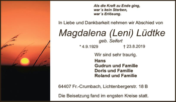 Traueranzeige von Magdalena Lüdtke von vrm-trauer
