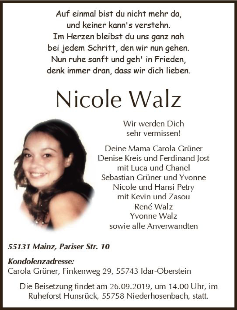  Traueranzeige für Nicole Walz vom 18.09.2019 aus vrm-trauer