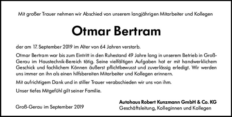  Traueranzeige für Otmar Bertram vom 28.09.2019 aus vrm-trauer