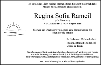 Traueranzeige von Regina Sofia Rameil von vrm-trauer