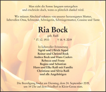 Traueranzeige von Ria Bock von vrm-trauer
