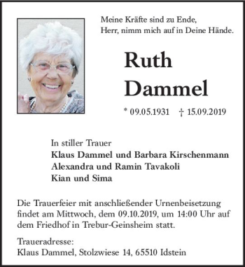 Traueranzeige von Ruth Dammel von vrm-trauer