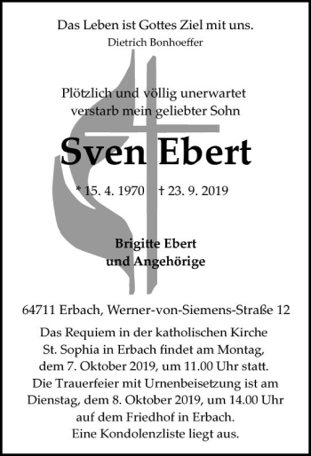 Traueranzeige von Sven Ebert von vrm-trauer