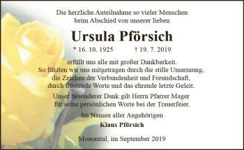 Traueranzeige von Ursula Pförsich von vrm-trauer