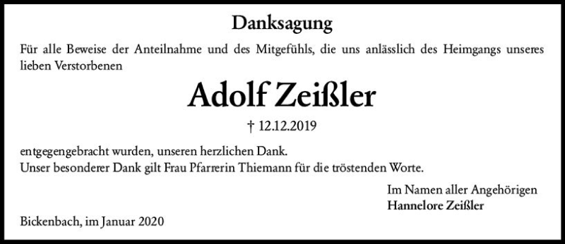  Traueranzeige für Adolf Zeißler vom 04.01.2020 aus vrm-trauer