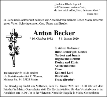 Traueranzeige von Anton Becker von vrm-trauer