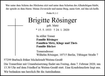 Traueranzeige von Brigitte Rösinger von vrm-trauer