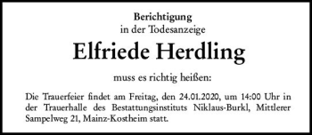 Traueranzeige von Elfriede Herdling von vrm-trauer