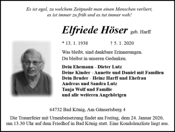 Traueranzeige von Elfriede Höser von vrm-trauer