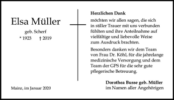 Traueranzeige von Elsa Müller von vrm-trauer