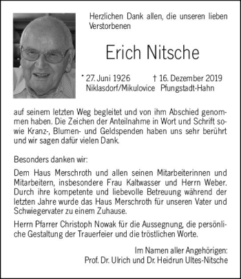 Traueranzeige von Erich Nitsche von vrm-trauer