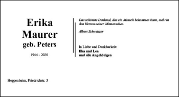 Traueranzeige von Erika Maurer von vrm-trauer