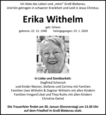 Traueranzeige von Erika Withelm von vrm-trauer