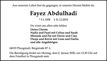 Traueranzeige von Fayez Abdulhadi von vrm-trauer