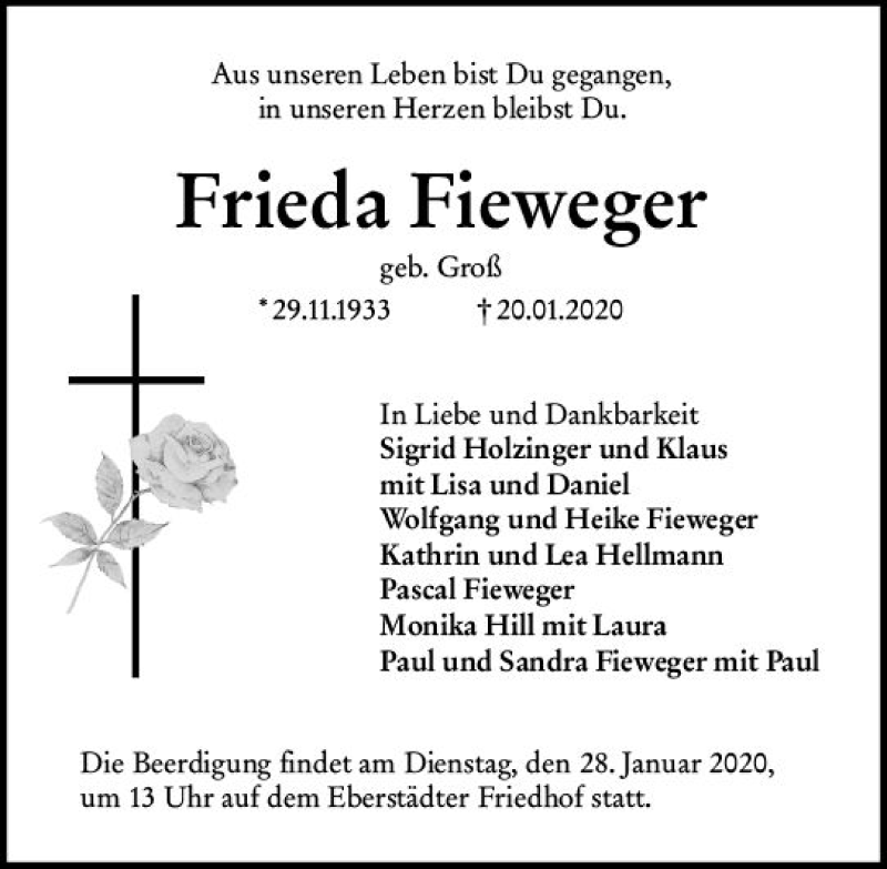  Traueranzeige für Frieda Fieweger vom 25.01.2020 aus vrm-trauer