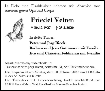Traueranzeige von Friedel Velten von vrm-trauer