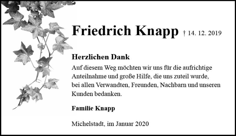  Traueranzeige für Friedrich Knapp vom 04.01.2020 aus vrm-trauer