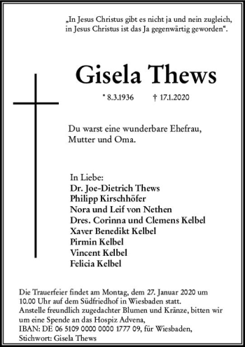 Traueranzeige von Gisela Thews von vrm-trauer